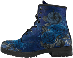 Combat Boots - Beautiful Flowers #112 Dark Blue | Kawaii Cute Aesthetic Custom Shoes for Women, Wedding Bride Shoes, 90s Boots Vegan Leather