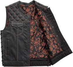 Denim Biker Vest, Hunt Club Leather Builder Diamond Quilted Custom Biker Vest - Black Denim Vest Leather vest