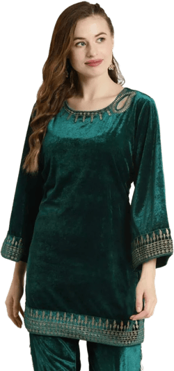 Velvet Tunic | Kurtis Tunic For Women | Teal Velvet Top For Women | Short Kurta Dress | Winter - Spring Wear | Indian Ethnic Top For Women