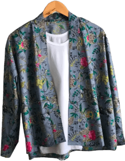 Cotton Kimono jacket in pale dusky blue with pink, yellow and green and flowers