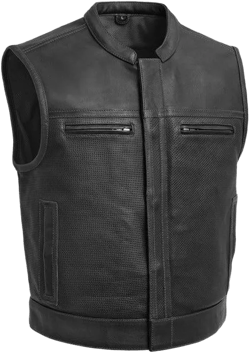 Textured Black Leather Vest – Edgy Sleeveless Design with Zippered Pockets and Perforated Panels