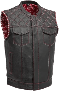 Elegant Black Leather Vest – Edgy Sleeveless Design with Braided Armholes, Quilted Shoulders, and Bold Red Lining
