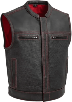 Black Leather Vest – Bold Sleeveless Look with Red Accents, Hidden Zipper, and Padded Shoulders