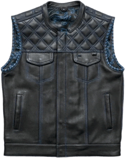 Black Quilted Leather Vest – Bold Sleeveless Design with Hidden Zipper, Flap Pockets, and Stylish Blue Paisley Lining