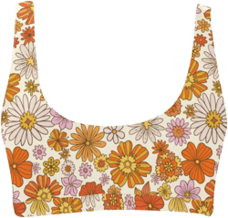 Retro Floral Bikini Top, Groovy Flowers Pink Orange Vintage 70s Sports Bathing Suit Plus Size Padded Swim Swimsuit Women Swimwear Ladies