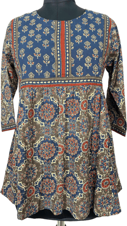 Pure Cotton Kurtis For Women - Brown & Navy Blue Printed Tunic - Short Kurta Top - Indian Ethnic Top - Summer Cotton Tunic Tops Tees T-shirt