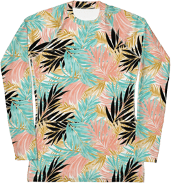Womens Rash Guard Swim Top Tropical Floral Print Long Sleeve Swim Shirt Girls Surf Shirt for Ladies Swimsuit for Surfing Beach Vacation