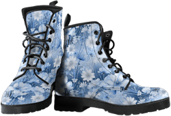 Blue Winter Flowers Vegan Leather Boots, Birthday Gifts for Her Combat Boots Casual Cute Shoes