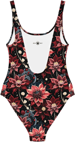 Eco-friendly sculpting one-piece swimsuit, low back, recycled, floral print, celestial red, handmade, beach, yoga