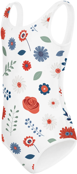 Flower Print Kids Swimsuit, red white blue flowers swimwear, toddler big kid teen size bathing suit, Floral girls vintage Modest swimsuit