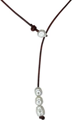 Leather and Pearl lariat Necklace with 4 freshwater potato pearls .