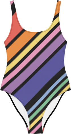 Multicolored Rainbow Diagonal Stripes One-Piece Swimsuit,Solid Black Back,Two Tone Swimsuit,Retro Stripes Swimwear, Low Back Cheeky Swimsuit