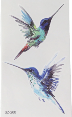 temporary ephemeral tattoo, bird motif, hummingbirds, 3 models, 2 tattoos/sheet
