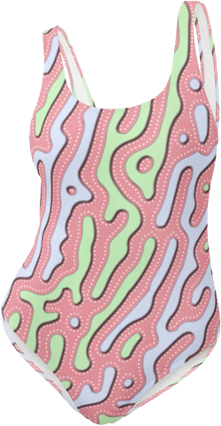 Pastel Kawaii One-Piece Swimsuit -  Pink & Green Abstract Squiggle Pattern Swimwear - Women&#39;s Monokini Bathing Suit / Bodysuit