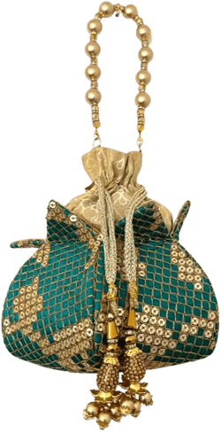 Matte Gold Sequins and Embroidered Teal Black Gold Lotus Potli Bag drawstring clutch with pearl handles, Indian Wedding purse handbag clutch