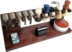 Safety razor shaving brush stand, wood w/dark cherry stain up to 5 slots for razors and up to 5 slots for brushes, optional custom engraving