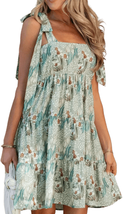 Amaryllis Women’s Smocked Midi Dress Adjustable Tie Straps Tiered Skirt Botanical Floral Print- Large ,Green