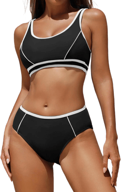 ZAFUL Women High Waisted Bikini Sets Color Block Sporty 2 Piece Bathing Suit Adjustable Straps Tummy Control Swimwear Black X-Large