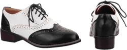Women's Lace Up Oxfords Shoes Round Toe Low Chunky Heel Block Perforated Wingtip Brogues Casual Comfortable Patchwork Derby Saddle Pumps Black White 6
