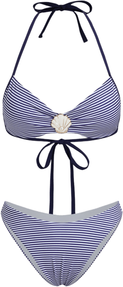 U-neckline Stripe Shell Detail Ruched Bracelet Cheeky Bikini Set