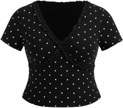 Cotton-blend V-neck Polka Dot Lettuce Trim Top Curve & Plus