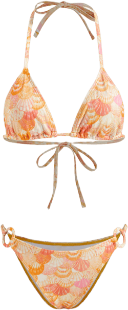 Halter Neckline Shell Graphic O-Ring Triangle Bikini Set