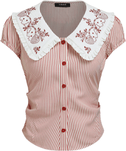 Embroidery Peter Pan Collar Stripe Ruched Shirt