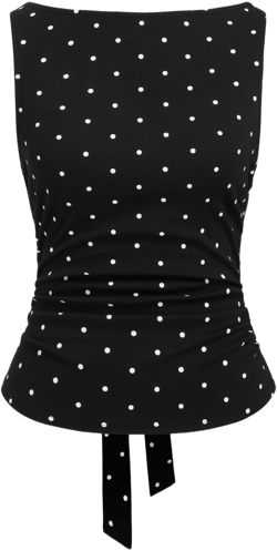 Cotton-blend Boat Neck Knotted Polka Dot Ruched Tank Top