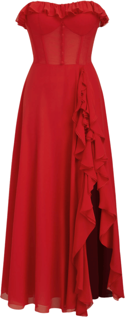 Chiffon Bandeau Corset Lace Up Ruffle Hem Split Maxi Dress