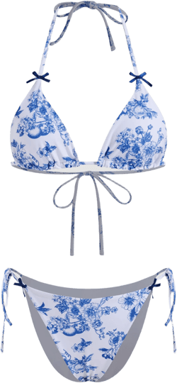 Halter Neckline Floral Bowknot Triangle Bikini Set