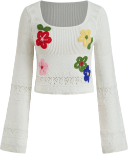 Knit Floral Square Neck Crop Long Sleeve Tops