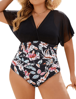 Blooming Jelly Women's Plus Size Swimsuit One Piece Bathing Suit Tummy Control Mesh V Neck Maternity Swimwear XX-Large Black Floral Print