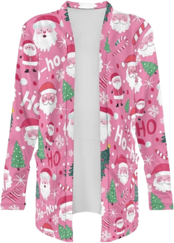 Fall Maple Leaf Cardigan Sweaters for Women Long Sleeve Cardigan Soft Drape Open Front Dusters V-Neck Jackets Dressy Christmas Santa Claus Pink X-Large