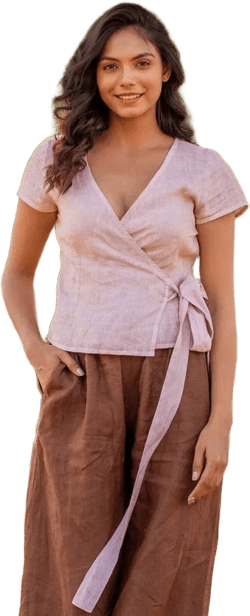 Linen Wrap Crop Top, Short Sleeve, Organic Washed Linen, Casual Outfit Women, Plus Size Clothing, Flax Blouse, Comfy Fit Shirt, Kimono Top