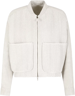 Emporio Armani Woven Nappa Leather & Linen Bomber Jacket with Oversize Front Pockets 