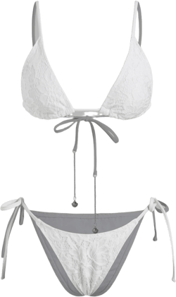 V-neck Lace Floral Texture Shell Detail Triangle Tie Side Bikini Set