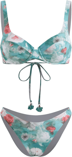 V-neck Floral Knotted Flower Detail Underwire Cheeky Bikini Set