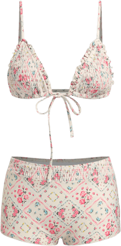 V-neck Floral Shirred Lettuce Trim Knotted Triangle Shorts Bikini Set
