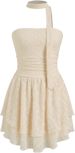 Lace Floral Ruched Bandeau Ruffle Hem Layered Mini Dress With Scarf