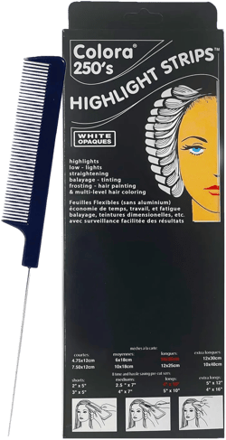Colora Highlight Strips 4x10 Inch Long (250 Strips) + M Hair Designs Pin Tail Comb – Hair Coloring Foil Alternative for Balayage, Bleaching, Highlights & Salon Use