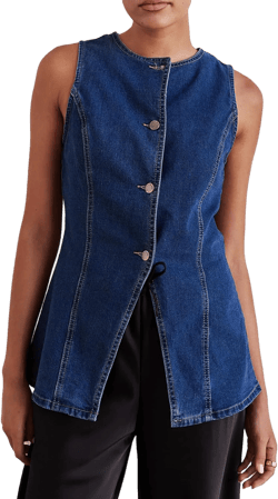 Women’s Long Denim Vest Waistcoat Vest Sleeveless Button-Up Back Slit Jean Jacket Vest Y2k Clothes Navy Blue Large