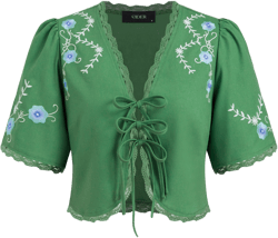 Linen-blend V-neck Embroidery Lace Trim Tie Front Crop Blouse