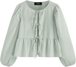 Cotton-blend Stripe Tie Front Bow Blouse