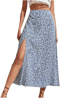 BLVB Women's Boho Floral Print Side Split High Waist Midi Skirt Summer Beach A Line Swing Long Skirts for Women