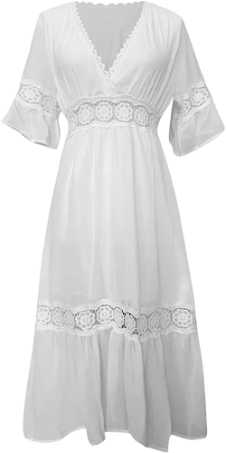 Aofany Womens Bohemian Dress Deep V Neck Summer Flowy Long Maxi Dresses Sexy White Sleeveless Beach Party Loose Dresses on Clearance