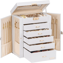 Homde Jewelry Box Large for Women: 6 Layers 5 Drawers Organizer with Mirror for Ring Earring Necklace - Storage Holder with Lock for Dresser (White) White XL