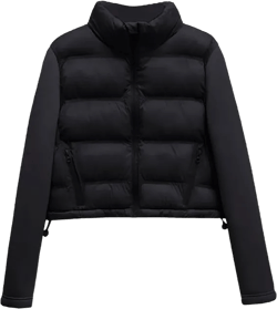 Womens Long Sleeve Patchwork Puffer Jacket Quilted Crew Neck Zip Up Coat with Pockets Black X-Small