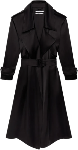 Soft Satin Belted Long Trench Coat In Black