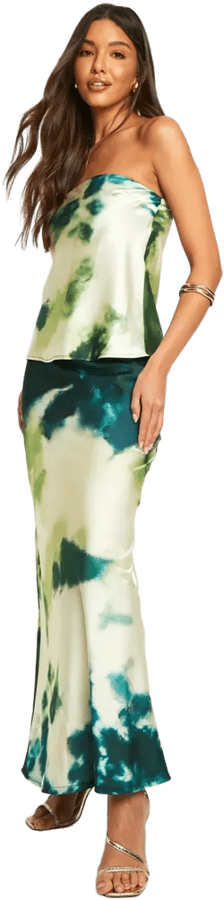 Tie Dye Satin Longline Bandeau & Maxi Skirt