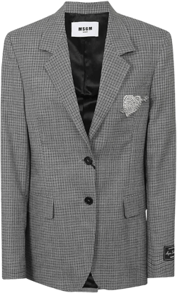 Embellished Single Breasted Checked Blazer In Grey